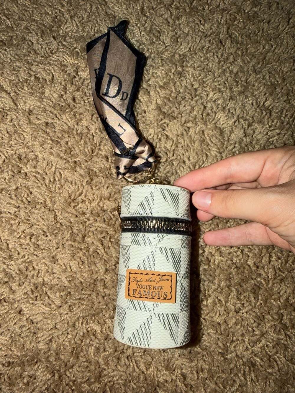 SHEIN Faux Leather Lipstick Case Keychain with Mini Scarf White